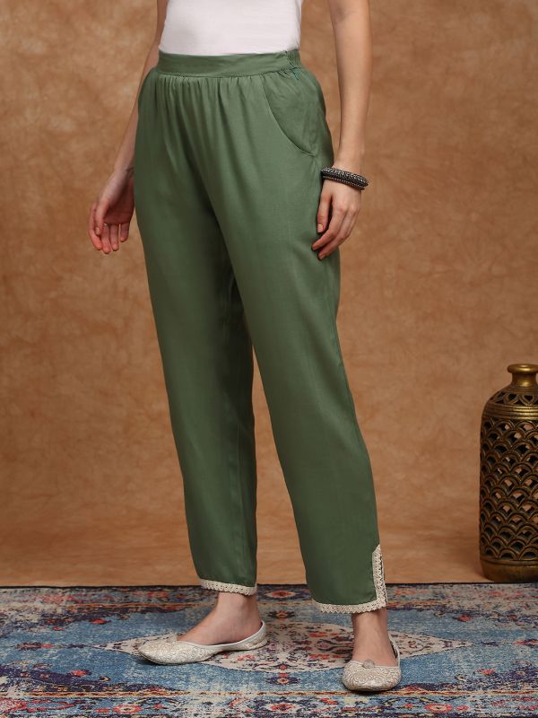 Globus Women Olive Mid Rise Lace Detail Tapered Fit Ethnic Pants