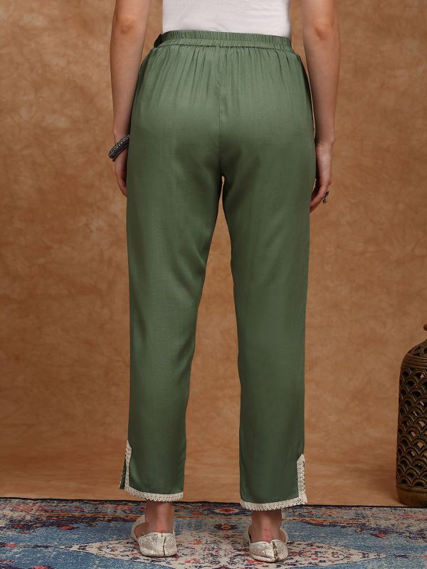 Globus Women Olive Mid Rise Lace Detail Tapered Fit Ethnic Pants