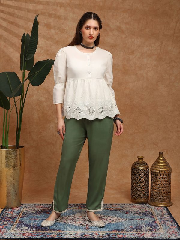 Globus Women Olive Mid Rise Lace Detail Tapered Fit Ethnic Pants