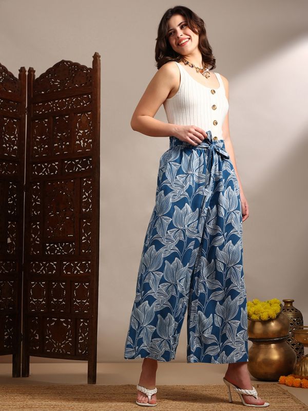 Globus Women Blue Allover Floral Printed High-Rise Belted Wide Leg Trouser