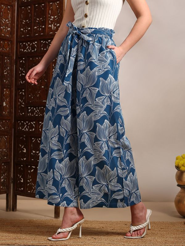 Globus Women Blue Allover Floral Printed High-Rise Belted Wide Leg Trouser