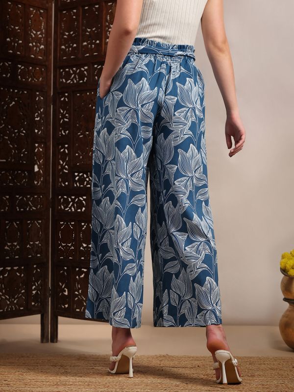 Globus Women Blue Allover Floral Printed High-Rise Belted Wide Leg Trouser