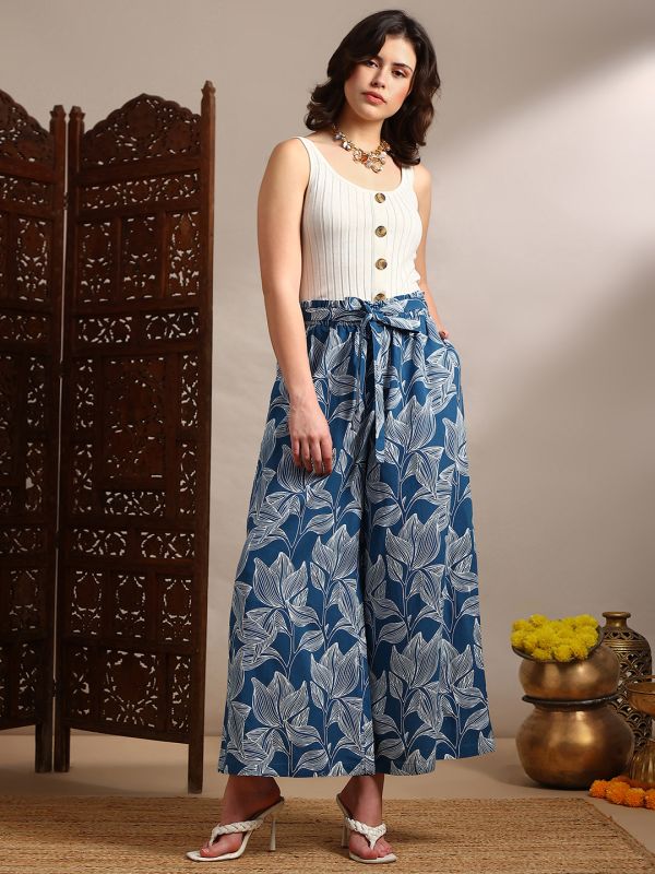 Globus Women Blue Allover Floral Printed High-Rise Belted Wide Leg Trouser