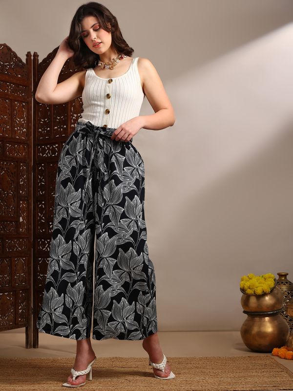Globus Women Black Allover Floral Printed High-Rise Belted Wide Leg Trouser