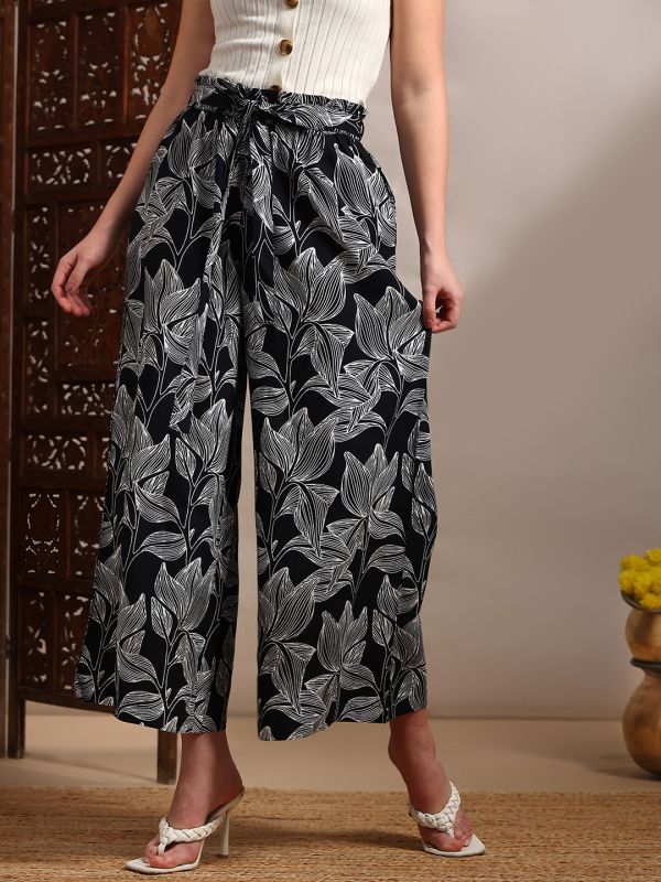 Globus Women Black Allover Floral Printed High-Rise Belted Wide Leg Trouser