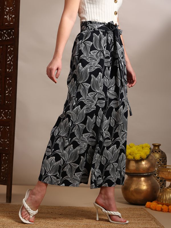 Globus Women Black Allover Floral Printed High-Rise Belted Wide Leg Trouser
