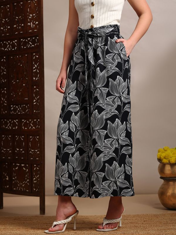 Globus Women Black Allover Floral Printed High-Rise Belted Wide Leg Trouser