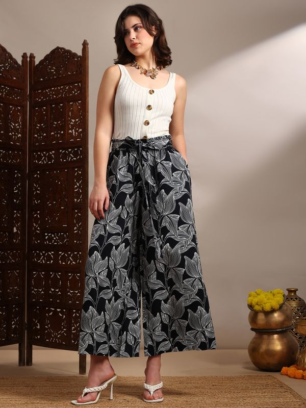 Globus Women Black Allover Floral Printed High-Rise Belted Wide Leg Trouser