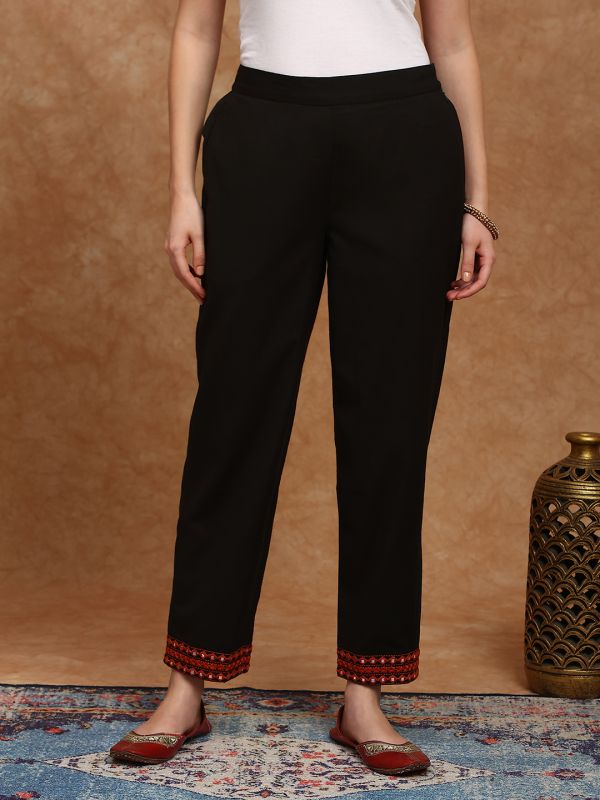 Globus Women Black Embroidered Hem Straight Fit Mid Rise Ethnic Pant