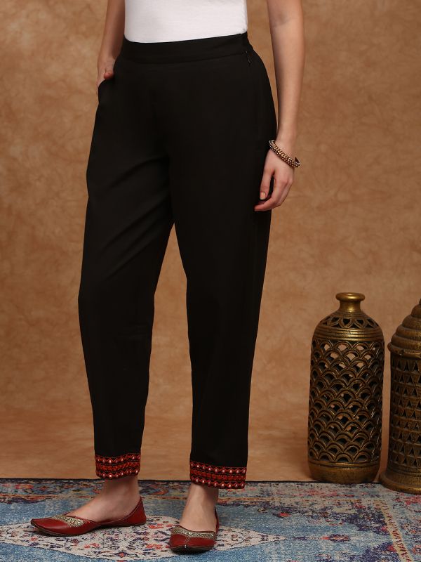 Globus Women Black Embroidered Hem Straight Fit Mid Rise Ethnic Pant