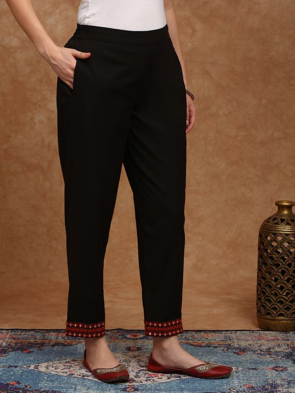 Globus Women Black Embroidered Hem Straight Fit Mid Rise Ethnic Pant