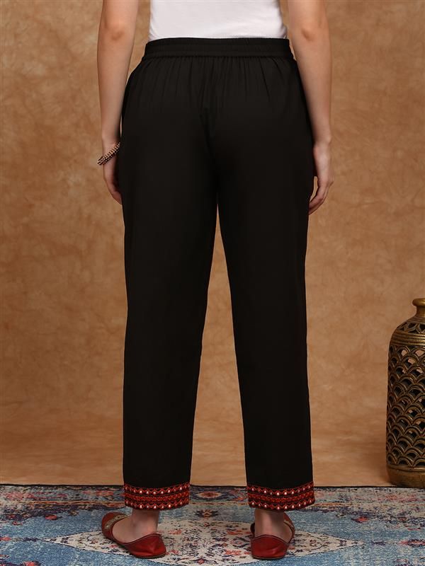 Globus Women Black Embroidered Hem Straight Fit Mid Rise Ethnic Pant