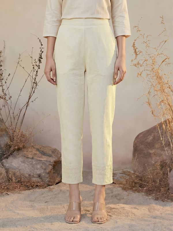 Globus Women Off-White High Rise Schiffli Hem Straight Fit Ethnic Pants
