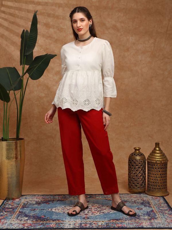 Globus Women Maroon High Rise Schiffli Hem Straight Fit Ethnic Pants