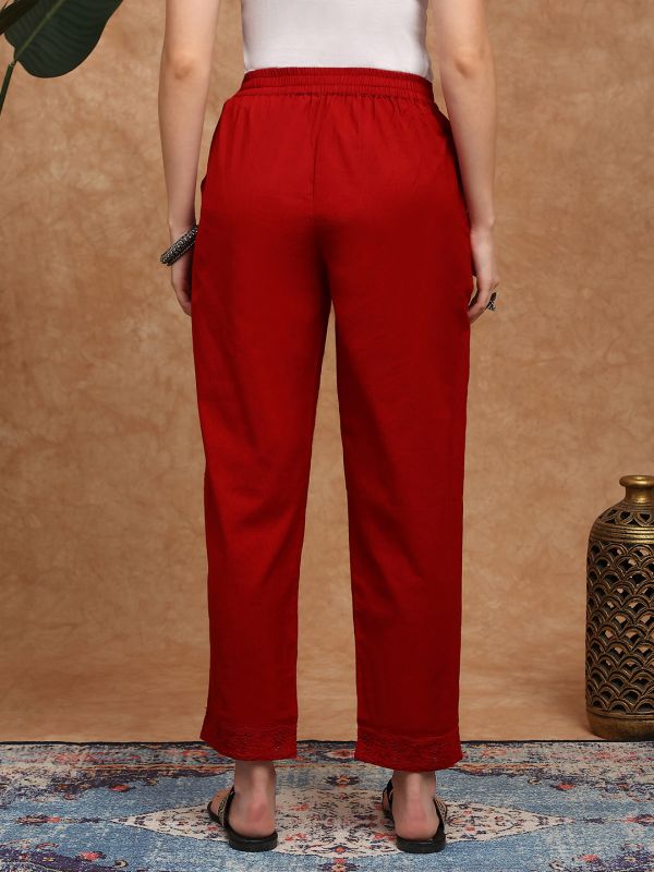 Globus Women Maroon High Rise Schiffli Hem Straight Fit Ethnic Pants