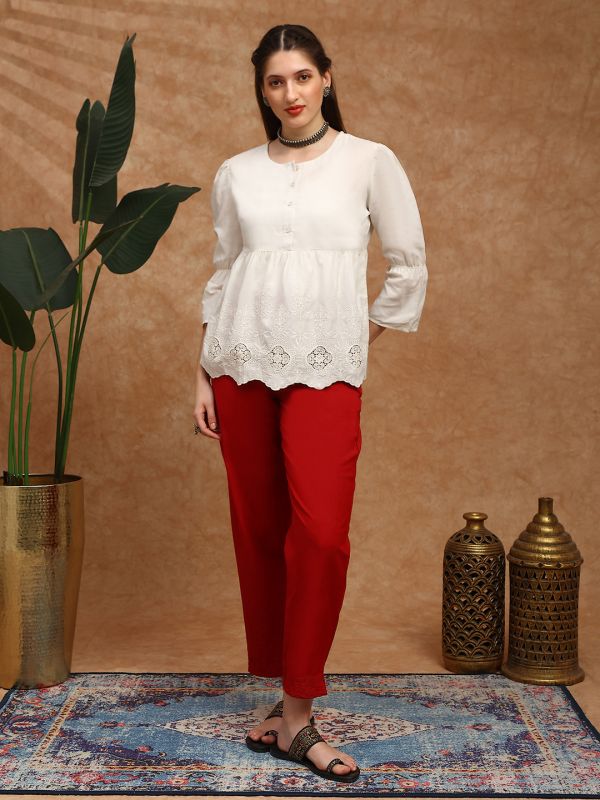 Globus Women Maroon High Rise Schiffli Hem Straight Fit Ethnic Pants