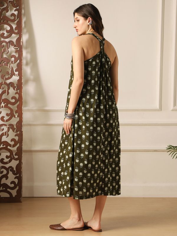 Globus Women Olive Floral Print V-Neck Back Twisted Knot Style Flared Hem A-Line Midi Dress