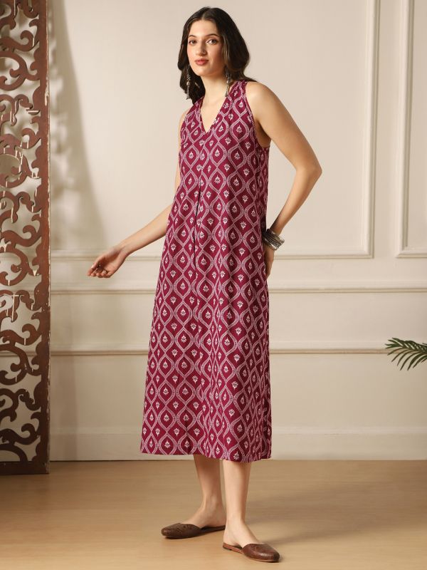 Globus Women Burgundy Floral Print V-Neck Back Twisted Knot Style Flared Hem A-Line Midi Dress