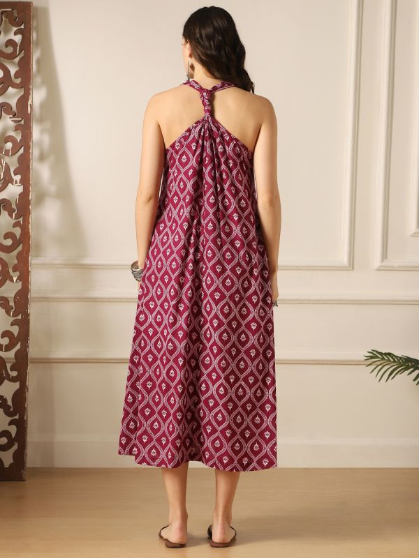 Globus Women Burgundy Floral Print V-Neck Back Twisted Knot Style Flared Hem A-Line Midi Dress