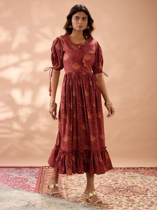 Globus Women Maroon Round Neck Puff Sleeves Ethnic Print Tie-Ups Detail Tiered A-Line Midi Dress