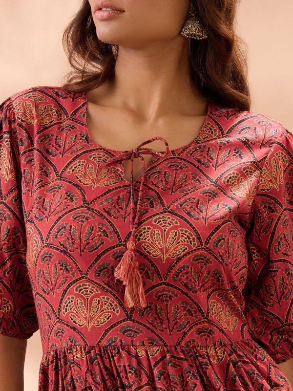 Globus Women Maroon Round Neck Puff Sleeves Ethnic Print Tie-Ups Detail Tiered A-Line Midi Dress