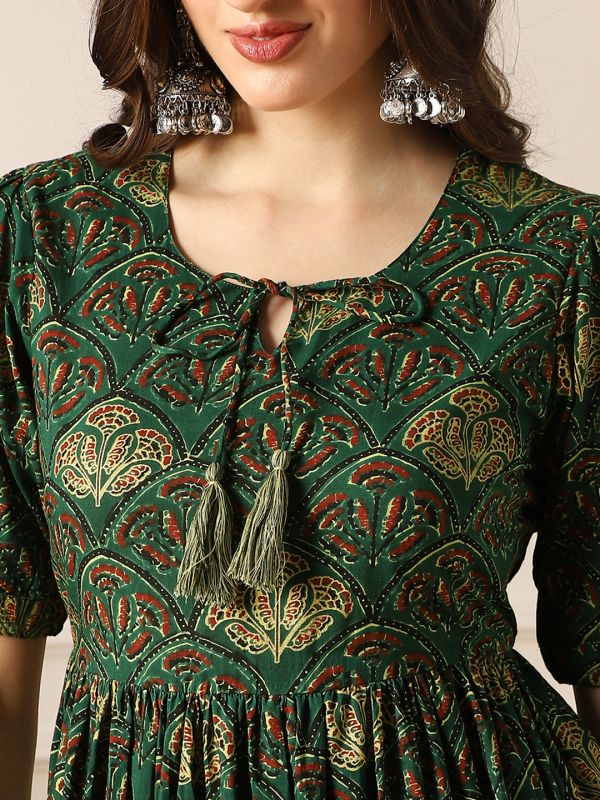 Globus Women Green Round Neck Puff Sleeves Ethnic Print Tie-Ups Detail Tiered A-Line Midi Dress