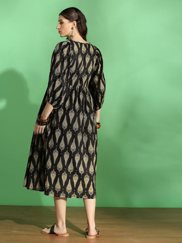Globus Women Black Ethnic Print Round Tie-Up Neck Bishop Sleeves A-Line Midi Dress