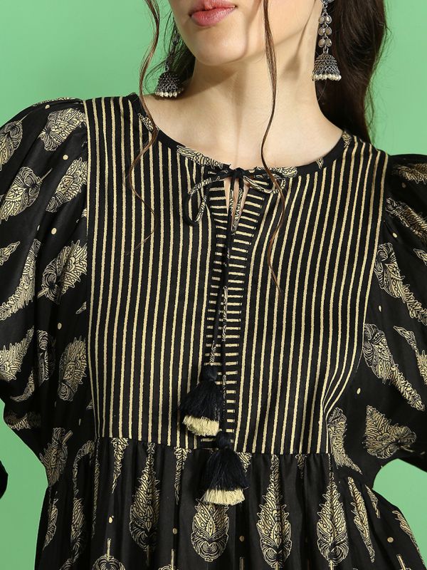 Globus Women Black Ethnic Print Round Tie-Up Neck Bishop Sleeves A-Line Midi Dress
