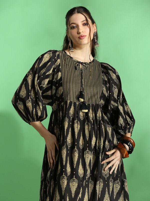 Globus Women Black Ethnic Print Round Tie-Up Neck Bishop Sleeves A-Line Midi Dress
