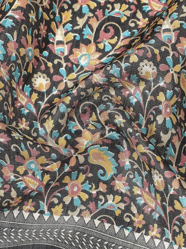 Globus Women Black Floral Print Silk Tasselled Border Dupatta