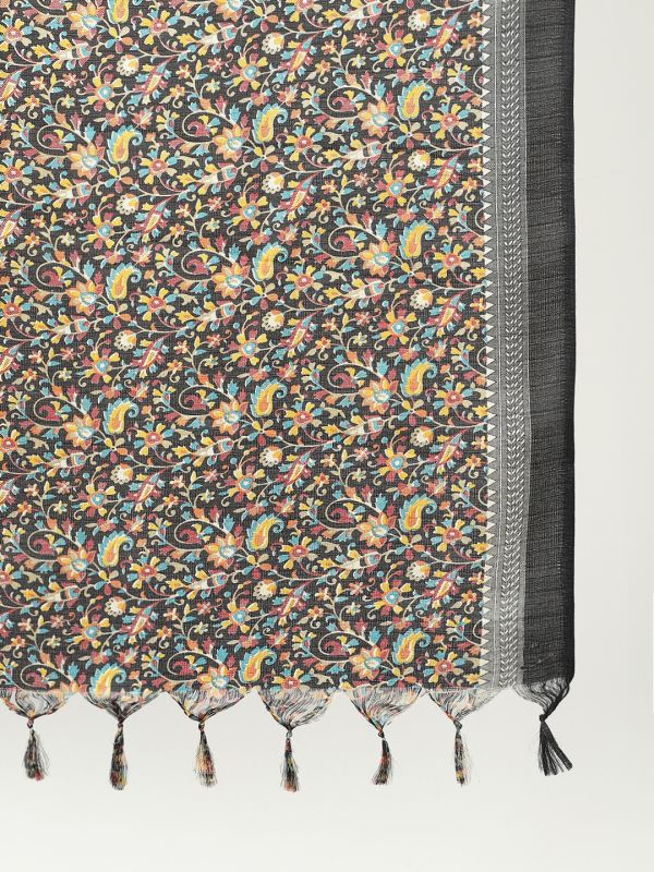 Globus Women Black Floral Print Silk Tasselled Border Dupatta