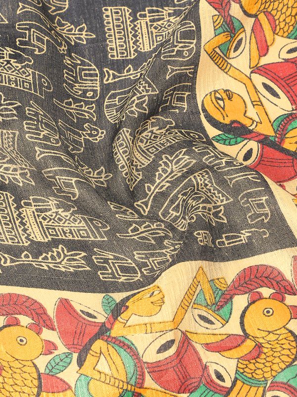 Globus Women Black Ethnic Print Silk Tasselled Border Dupatta