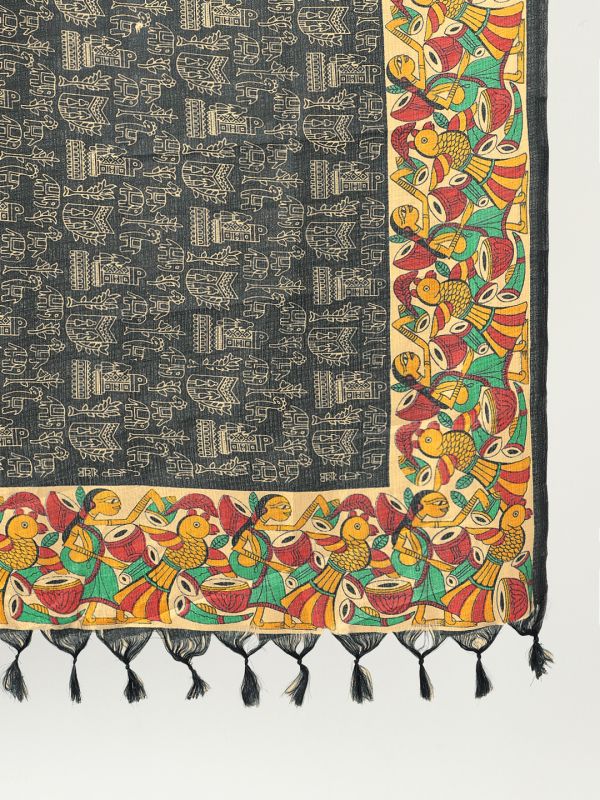 Globus Women Black Ethnic Print Silk Tasselled Border Dupatta