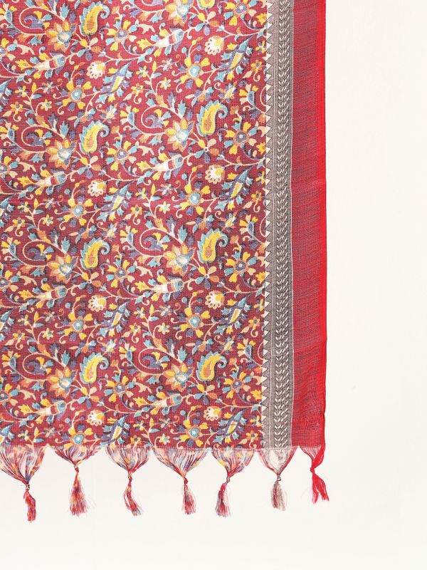 Globus Women Red Floral Print Silk Tasselled Border Dupatta