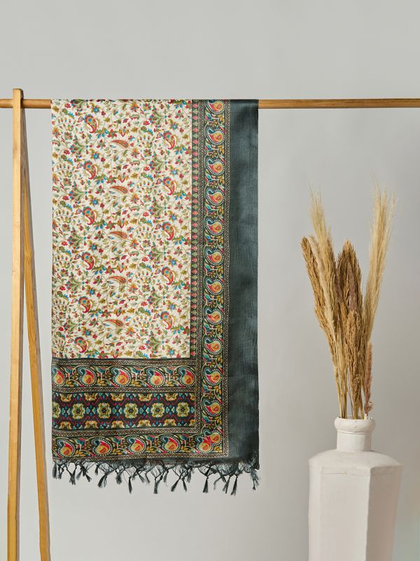 Globus Women Off White Floral Print Silk Tasselled Border Dupatta