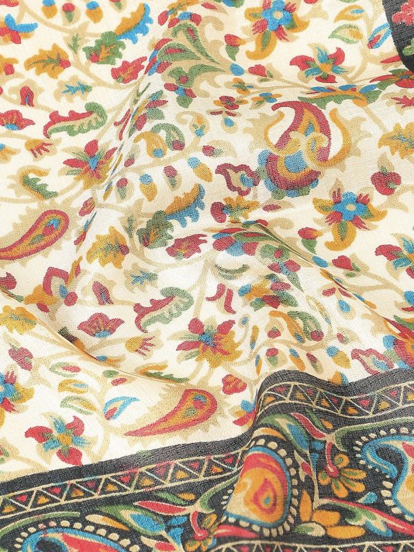 Globus Women Off White Floral Print Silk Tasselled Border Dupatta