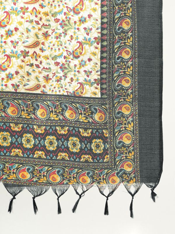 Globus Women Off White Floral Print Silk Tasselled Border Dupatta