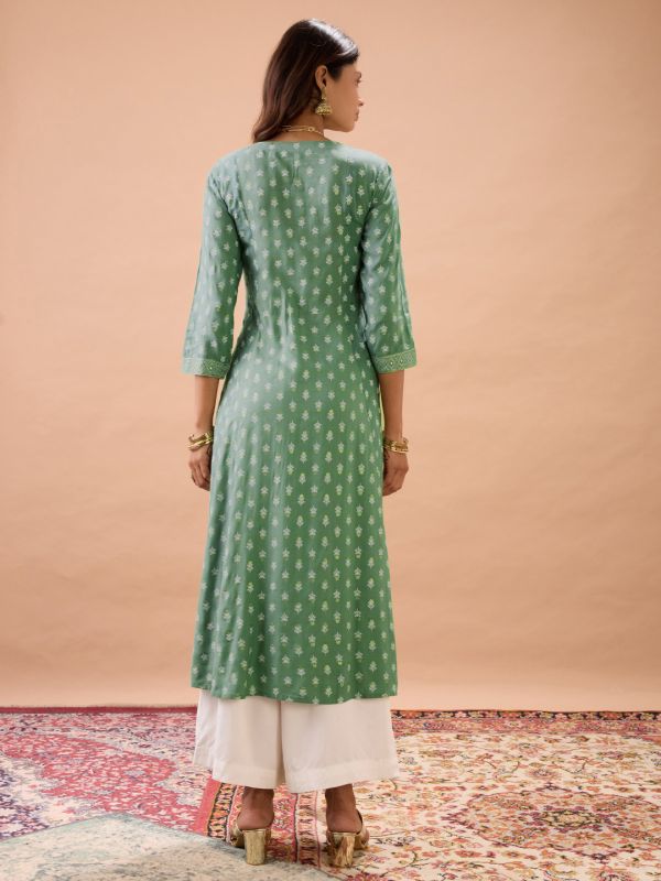 Globus Women Mint Green Round Neck Ethnic Print Front Slit Flared Hem Panelled A-Line Kurta