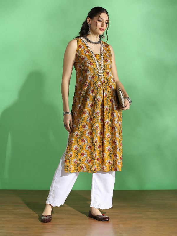 Globus Women Mustard All Over Floral Print V-Neck Embroidered Woven Design Pleated Straight Kurta