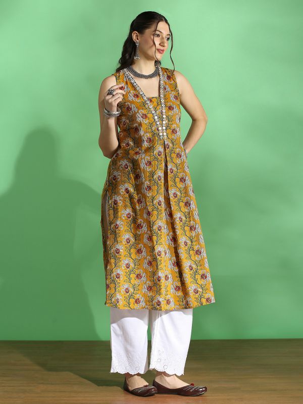 Globus Women Mustard All Over Floral Print V-Neck Embroidered Woven Design Pleated Straight Kurta