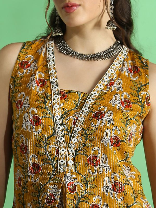 Globus Women Mustard All Over Floral Print V-Neck Embroidered Woven Design Pleated Straight Kurta