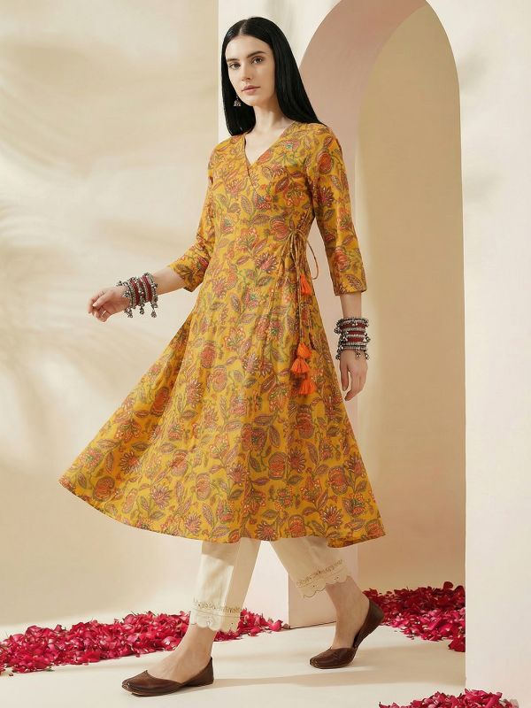 Globus Women Yellow Allover Floral Printed Wrap V-Neck Angrakha A-Line Kurta