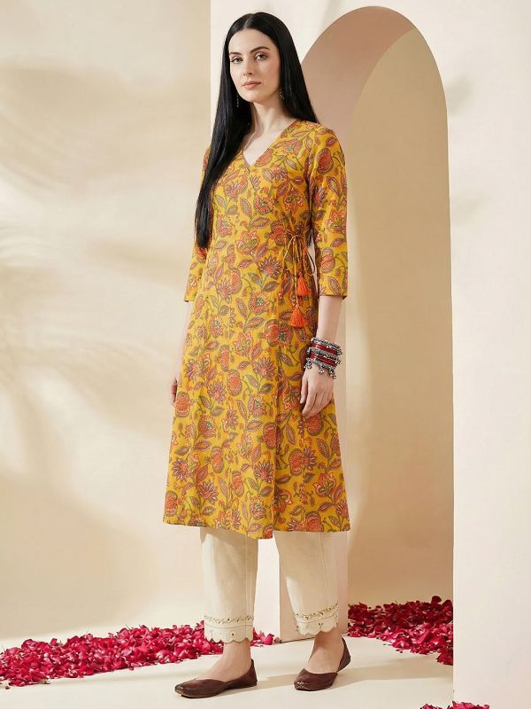Globus Women Yellow Allover Floral Printed Wrap V-Neck Angrakha A-Line Kurta
