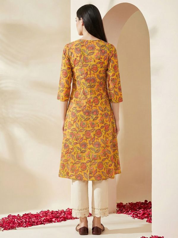 Globus Women Yellow Allover Floral Printed Wrap V-Neck Angrakha A-Line Kurta