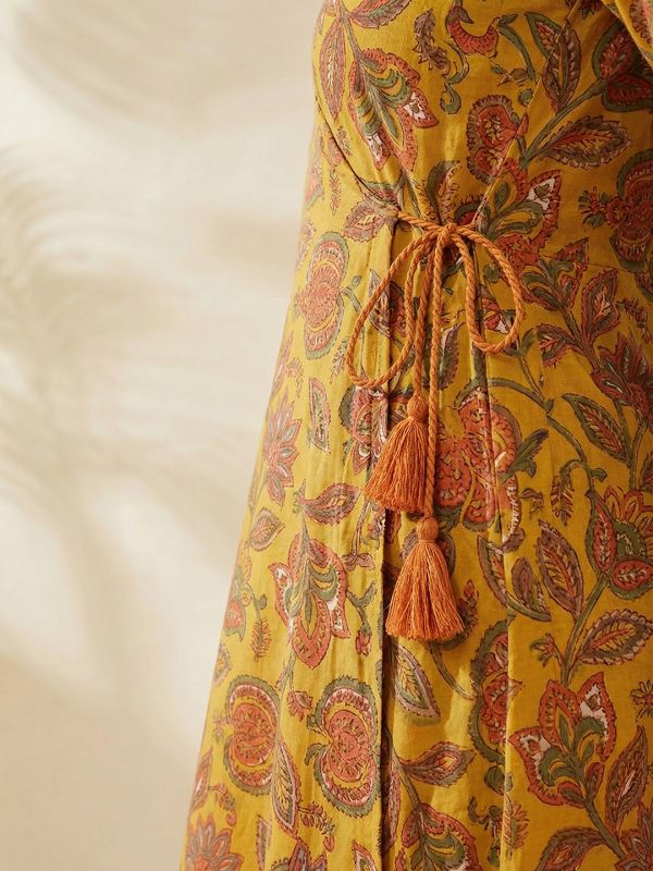 Globus Women Yellow Allover Floral Printed Wrap V-Neck Angrakha A-Line Kurta