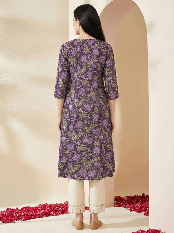 Globus Women Purple Allover Floral Printed Wrap V-Neck Angrakha A-Line Kurta