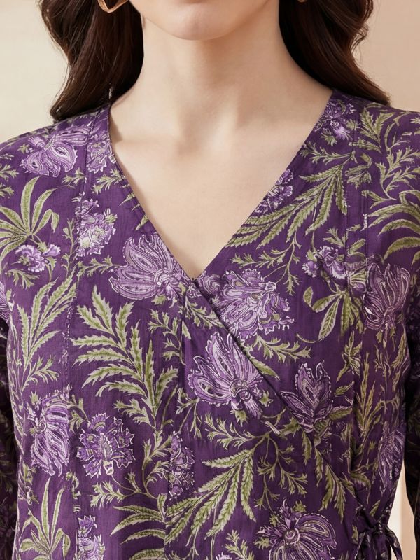 Globus Women Purple Allover Floral Printed Wrap V-Neck Angrakha A-Line Kurta