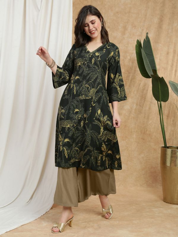 Globus Women Olive V-Neck Bell Sleeves Tropical Wildlife Print Thread Work A-Line Kurta