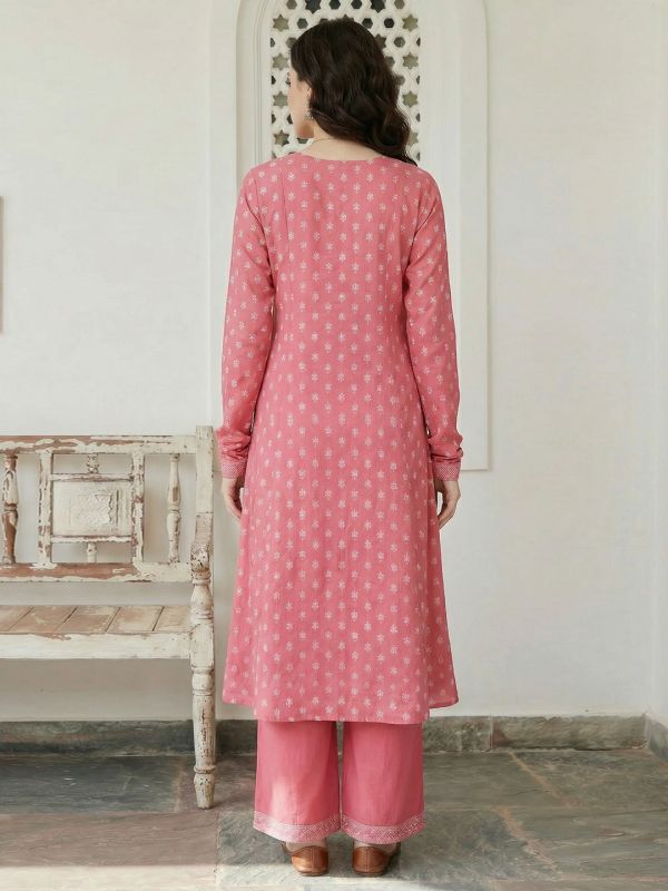 Globus Women Pink Round Neck Ethnic Floral Print Front Slit A-Line Flared Hem Kurta with Wide Leg Pants Set