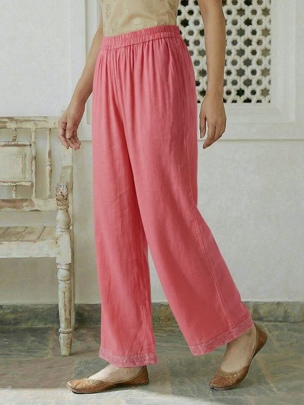 Globus Women Pink Round Neck Ethnic Floral Print Front Slit A-Line Flared Hem Kurta with Wide Leg Pants Set